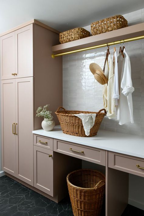 15 Laundry Room Colors So Pretty, You'll Even Look Forward to Wash Day Laundry Room With Place To Hang Clothes, Laundry Open Shelving Storage Ideas, Laundry Room Hardware Ideas, Hanging Area Laundry Room, Laundry Room Drying Bar, Laundry Room Table With Storage, Drying Rack Ideas For Laundry Room, Laundry Room Cleaning Storage, Laundry Room Fold Out Drying Rack