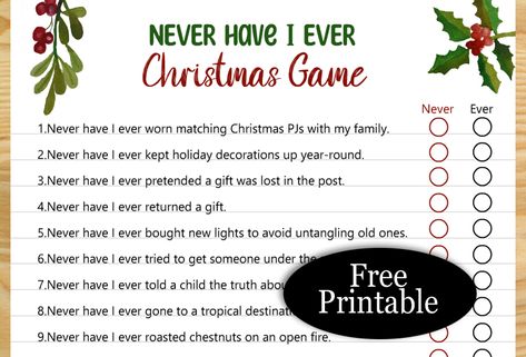 Free Printable Never Have I Ever Christmas Game for Adults Christmas Never Have I Ever Questions, Christmas Password Game, Christmas Get To Know You Games, Christmas Who Am I Game, Never Have I Ever Christmas Questions, Christmas Ice Breakers For Ladies, Christmas Ice Breaker Games, Christmas Games For Women, Christmas Game For Adults