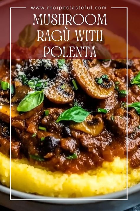 A hearty and flavorful Mushroom Ragù served over creamy polenta, perfect for a cozy dinner. This vegan-friendly dish combines a variety of mushrooms with aromatic vegetables and spices for a comforting meal. Vegetable Ragu With Polenta, Mushroom Ragu With Polenta, Dinner Ideas Mushrooms, Mushroom Ragu Recipes, Mushroom Polenta Recipes, Meals With Polenta, Mushroom Main Dish Recipes, Hearty Vegan Meals, Ragu Polenta