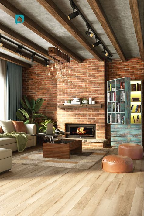 Top 20 Best Fireplace  Designs Ideas- Interior Ideas | Corner Designs | Design Cafe Industrial Interior Design Living Room Exposed Brick Walls, Fireplace Industrial Modern, Industrial Brick Fireplace, Red Brick Interior Design, Industrial Fireplace Ideas, Classy Fireplace, Red Brick Interior, Brick Interior Design, Industrial Fireplace