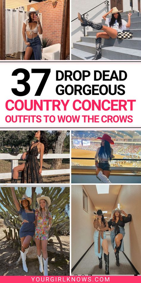 Ready to turn heads at your next country concert? Check out these 37 irresistible country concert outfit ideas that are perfect for any season! Whether you're looking for a casual country concert outfit to rock out in comfort, or something a bit more flirty for those summer nights under the stars, we've got you covered! Country Festival Outfits Women, Concert Outfits With Cowgirl Boots, Country Rock Concert Outfit Fall, Outfit For Country Concert Fall, Outfit Idea For Country Concert, Outfit To Country Concert, Women's Country Concert Outfit, Laney Wilson Concert Outfits, Country Concert Outfit Lainey Wilson