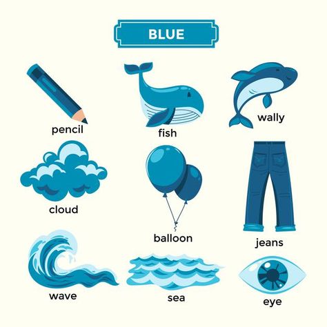 Blue Colour Objects For Preschool, Blue Colour Pictures, Things That Are Blue Preschool, Color Blue Activities For Preschool, Blue Colour Things, Blue Things To Draw, Colors Activities, Lkg Worksheets, Yoga Cartoon