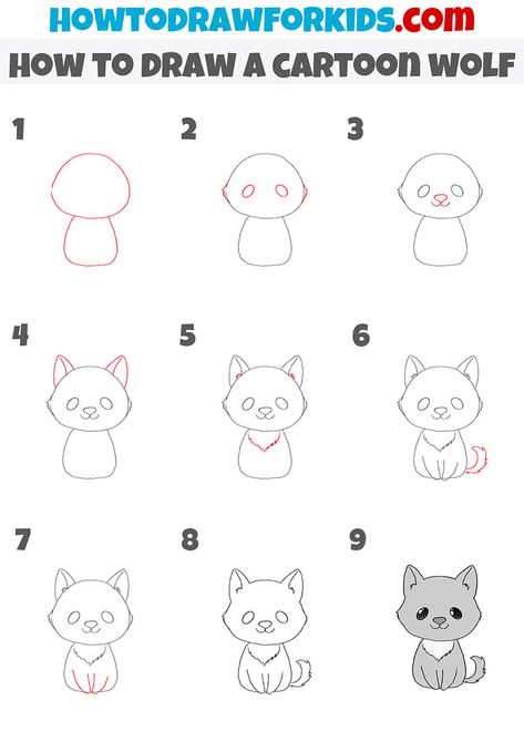 how to draw a cartoon wolf step by step Wolf Doodle Simple, Cute Wolf Drawing Easy, How To Draw Cartoon Animals Step By Step, Wolf Drawing Easy Step By Step, How To Draw A Wolf Easy, Step By Step Wolf Drawing, How To Draw A Wolf Step By Step, Wolf Cartoon Drawings, Wolf Easy Drawing