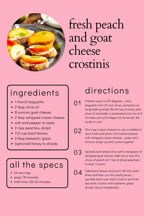 good eats | peach   goat cheese crostinis | Hello! Happiness Goat Cheese Crostini Appetizers, Cheese Crostini Appetizers, Peach And Goat Cheese, Peach Goat Cheese, Cheese Crostini, Goat Cheese Crostini, Crostini Appetizers, French Baguette, Whipped Cream Cheese