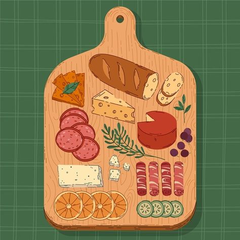 Charcuterie Board Doodle, Cheese Board Illustration, Hand Drawn Food Illustration, Charcuterie Board Drawing, Food Cartoon Drawing, Painted Charcuterie Board, Cheese Illustration, Cheese Cartoon, Cheese Drawing