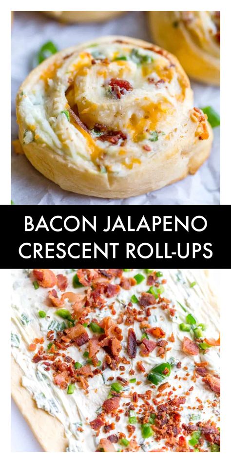 These Bacon Jalapeno Crescent Roll Ups are an easy appetizer or dinner recipe that are always a crowd favorite. They are made with canned crescent dough, bacon, cream cheese, garlic powder, green onions, chopped jalapenos, and shredded cheddar cheese. Crescent Roll Ups, Crescent Dough Sheet, Cheese Crescent Rolls, Crescent Recipes, Cream Cheese Rolls, Stuffed Jalapenos With Bacon, Shredded Cheddar Cheese, Cooking Bacon, Crescent Roll Recipes