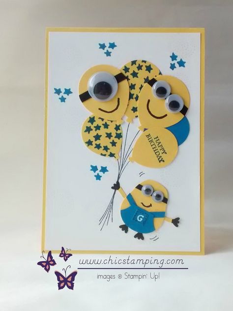 Minion happy birthday card with new Ballon Celebration stamp set from Stampin'Up! see more cards at www.chicstamping.com Cards For Boys Birthday, Kids Birthday Cards Diy, Minion Birthday Cards, Kids Birthday Card Ideas, Stampin Up Kids Birthday Cards, Kids Cards Handmade, Children Birthday Cards, Boy Birthday Cards, Minion Birthday Card