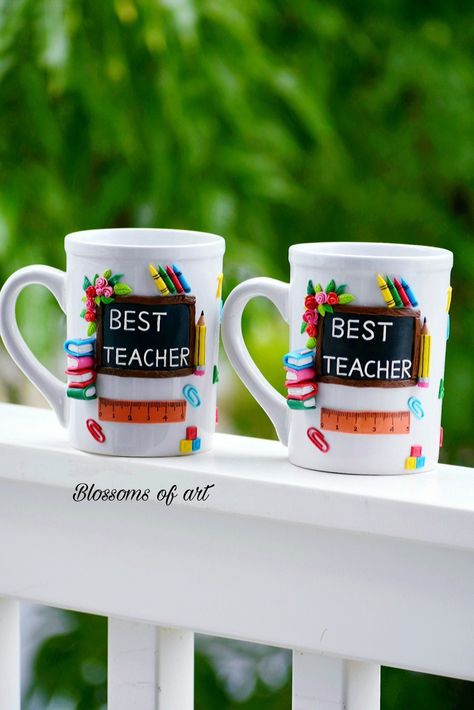 Teacher's day gift ideas/ miniature art / clay craft /gift for teachers/ cold porcelain clay Diy With Polymer Clay, Teacher Polymer Clay Mug, Cup Clay Art, Polymer Clay Teacher Gift, Clay Art On Mug, Teacher Day Gifts Ideas, Teachers Day Gift Ideas Handmade, Teacher Polymer Clay, Teachers Day Gift Ideas