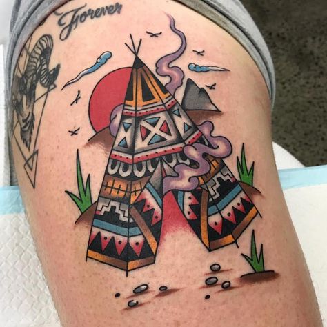 Native American Tipi Tattoo | Tattoo Ideas and Inspiration Native Leg Tattoos For Women, Tee Pee Tattoo Native American, Tipi Tattoo Native Americans, Tee Pee Tattoo, Tipi Tattoo, Native Tattoos For Women, Native American Tattoo Flash, Teepee Tattoo, Native American Tattoos For Women