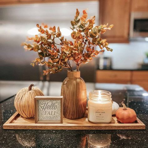 18 Cozy And Inviting Fall Decorating Ideas To Elevate Your Home Autumn Salon Decor, Glass Table Fall Decor, Console Table Fall Decor Ideas, Kitchen Island Fall Centerpiece, Fall Decor Mood Board, Autumn Console Table Decor, Fall Decor Console Table, Fall Dining Table Decor Simple, Fall Credenza Decor