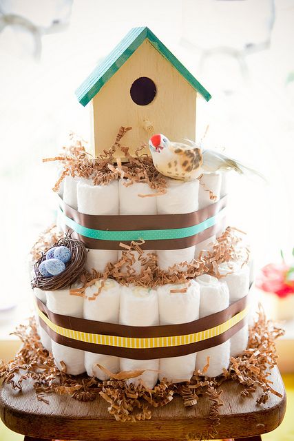 precious idea! Bird Baby Shower Theme, Nesting Party, Fiesta Shower, Bird Baby Shower, Diy Diaper Cake, Nappy Cakes, Baby Shower Diaper Cake, Baby Diaper Cake, Baby Cakes