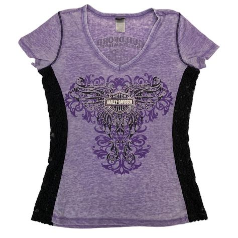 00s Harley Davidson purple and black lace graphic... - Depop Purple Top Png, 2000s Aesthetic Outfits, 2000s Stuff, Emo Shirts, Purple Y2k, Y2k Fits, Harley Davidson Clothing, 2000s Outfits, Purple T Shirts