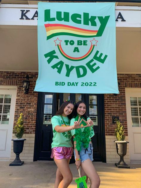 kappa delta sorority college bid day lucky charms Lucky Charm Bid Day Theme, Lucky Sorority Theme, Bid Day Themes Kappa Delta, Lucky Charms Sorority Theme, Lucky Charm Bid Day, Lucky Me Bid Day Theme, Lucky Me Bid Day, Lucky Charms Bid Day, Bid Day Banner