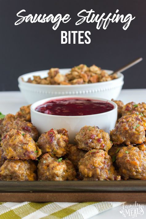 Sausage Stuffing Bites with Cranberry Dipping Sauce #thanksgiving #appetizer #thanksgivingappetizer #stuffing #sausage #sausagebites #sausageballs #birdballs #holidays #holidayfood #familyfreshmeals Sausage Stuffing Bites, Cranberry Dipping Sauce, Stuffing Bites, Stuffing Sausage, Stuffing Balls Recipe, Cranberry Dip, Sausage Appetizers, Sausage Balls Recipe, Thanksgiving Appetizer