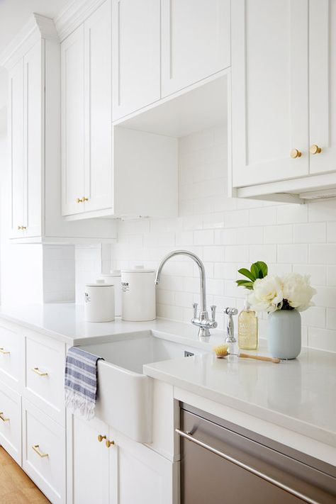 DWI Kitchen Project — Donnie Wales Interiors Farmhouse Hardware Kitchen, Kitchen With Brass Hardware, Chic Mudroom, Farmhouse Hardware, Brass Kitchen Hardware, Small White Kitchens, White Shaker Kitchen Cabinets, White Farmhouse Sink, Hardware Kitchen