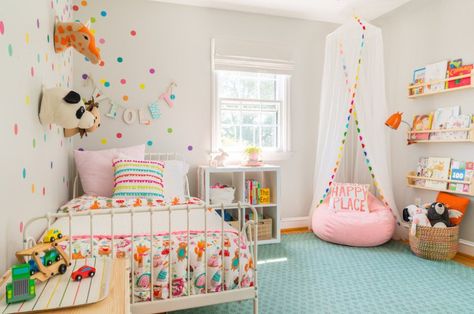 Bright and Bold Toddler Room with Animal Details - Love Inc. MagLove Inc. Mag Toddler Bedroom Makeover, Whimsical Bedroom, Toddler Bedroom Girl, Big Girl Bedrooms, Toddler Girl Room, Rainbow Room, Toddler Rooms, Toddler Bedrooms, Girl Bedroom Decor