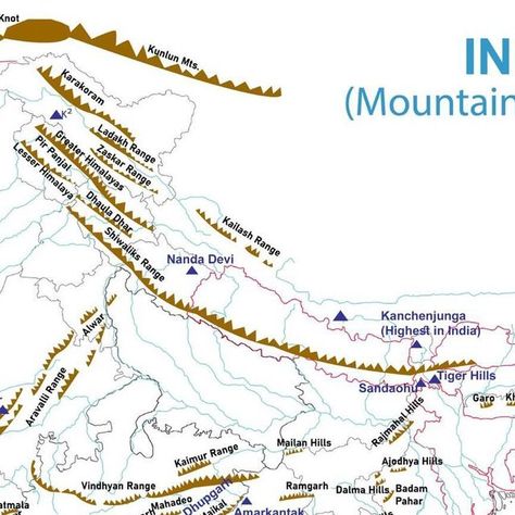 Indian Mountain Map, Geography Flashcards, Himalayas Map, Knowledgeable Facts, Mountain Map, Geography Notes, Basic Geography, Exam Preparation Tips, Upsc Notes