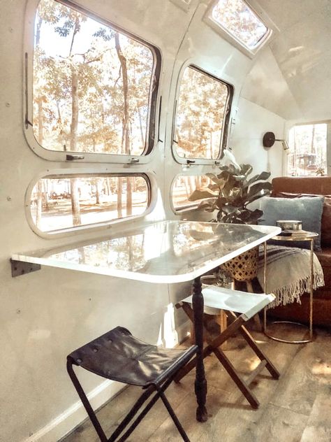 Organizing Ideas - Airstream, RV, Homes on Wheels | Kitchn Fiberglass Shower Pan, Airstream Restoration, Interior Makeover, Camper Remodeling, Airstream Rv, Land Yacht, Fold Out Table, Air Stream, Airstream Remodel