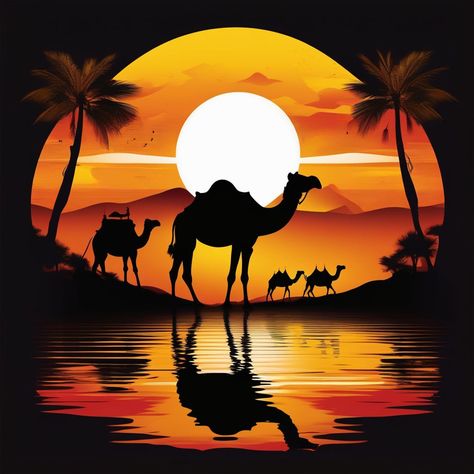 Penting Art, Round Canvas Art, Camel Painting, Art Dessert, Natural Painting, Velvet Painting, African Sunset, Beautiful Scenery Photography, Pencil Sketch Images