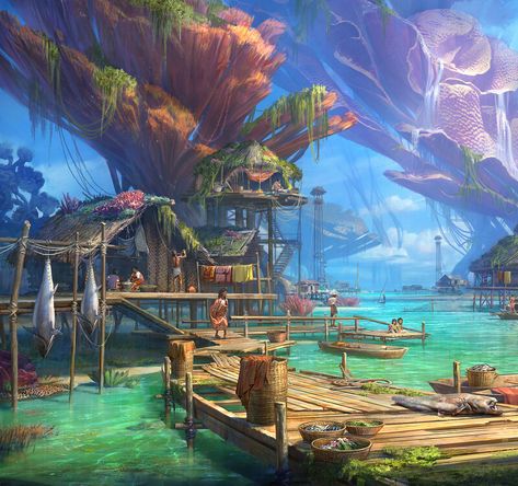 Minecraft Underwater, Fantasy Village, The Residents, Fantasy Homes, Fantasy City, Steampunk Art, Fantasy Concept Art, Fishing Villages, Illustration Artwork