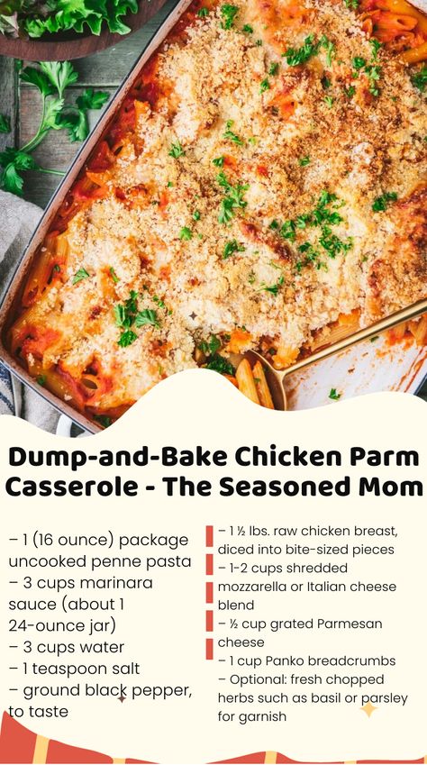 A light, healthy, and easy dump-and-bake chicken parmesan casserole is a one-dish weeknight dinner that everyone loves! Dump And Bake Chicken Parmesan 12 Tomatoes, Dump And Bake Parmesan Chicken, Dump Chicken Parmesan Casserole, Parm Chicken Casserole, Chicken Parmesan Dump And Bake, Chicken Pasta Dump And Bake, Easy Baked Chicken Parmesan Casserole With Pasta, Chicken Parmesan Casserole Crockpot, Dump N Bake Dinner