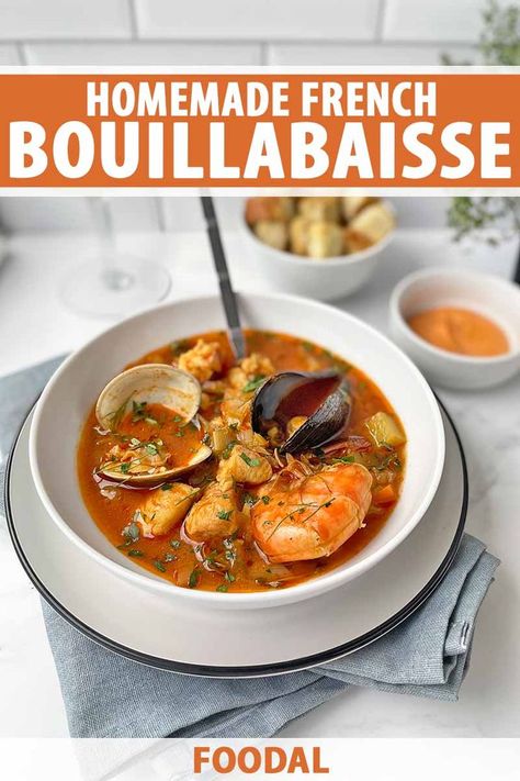 Potatoes, oniony leeks, and licoricey fennel are the building blocks of this bouillabaisse, while the rich tomatoey broth and seafood bring the stew to life. Saffron and orange peel add citrusy, floral notes and a quick spicy mayo brings some welcome heat. Read on for the recipe. #seafood #bouillabaisse #foodal Boulabais Recipe, Shrimp Bouillon Recipe, French Seafood Soup, Spicy Seafood Bisque, Creamy Mussel Soup, Bouillabaisse Recipe Seafood, Bouillabaisse Recipe, Grilled Oysters, Seafood Stew