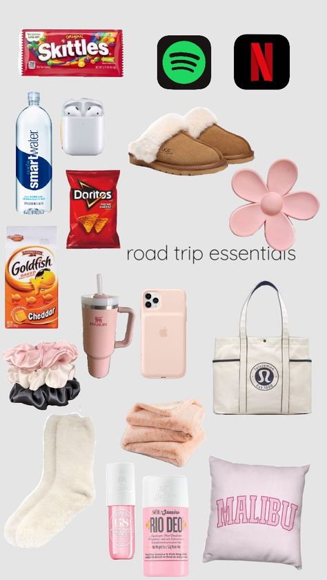 these are my road trip essentials! #preppy #beauty #roadtrip #roadtripaesthetic #roadtripessentials #roadtripvibe #roadtripping #roadtripper #preppyproducts #allyouneed #prepinyourstep Trip Essentials Packing Lists, Summer Road Trip Essentials, Road Trip Bag, Road Trip Kit, Road Trip Packing List, Road Trip Activities, Backpack Essentials, Travel Bag Essentials, Cute Gifts For Friends