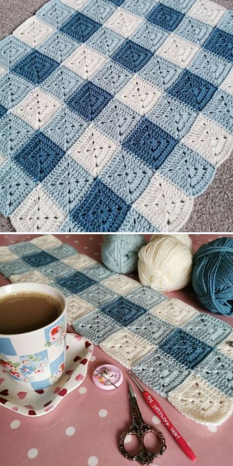 Classic Gingham Crochet White And Blue Crochet Blanket, Blue And White Granny Square Blanket, Gingham Granny Square, Crochet Granny Square Blanket Layout, Blue Crochet Blankets, Light Blue Crochet Blanket, Blue Crochet Baby Blanket, Crochet Blue Blanket, Blue Blanket Crochet