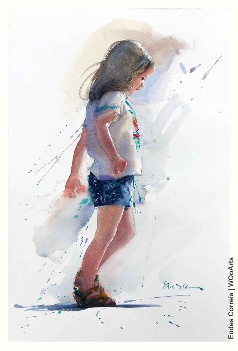 eudes-correia-watercolor-painting-wooarts-09 Composition Painting, Watercolor Portrait Painting, Watercolor Paintings For Beginners, Kids Watercolor, Painting People, Watercolor Painting Techniques, Watercolor Artists, Plein Air Paintings, Watercolor Sketch