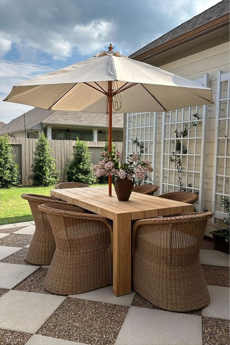 AERIN East Hampton Dining Chair curated on LTK Patio Dining Ideas, Backyard Dining Area, Patio Floor Ideas, French Chalet, Hamptons Dining, Large Pavers, Backyard Dining, Outside Dining, Patio Floor