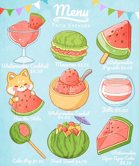 Faith Varvara — More blue menu illustration , If you didn’t know... Faith Varvara, Buku Diy, Seni Resin, 귀여운 음식 그림, Foods And Drinks, Kawaii Illustration, Cute Food Drawings, Cute Food Art, Japon Illustration