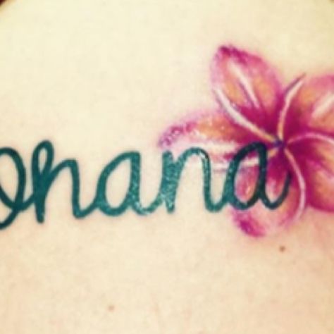 Ohana Tattoo with plumeria flower Hidden Mickey Tattoo, Tattoos Meaning Family, Hawaiian Tattoo Meanings, Lilo And Stitch Tattoo, Fandom Tattoos, Hawaiian Flower Tattoos, Mickey Tattoo, Hawaiian Tattoos, Ohana Tattoo