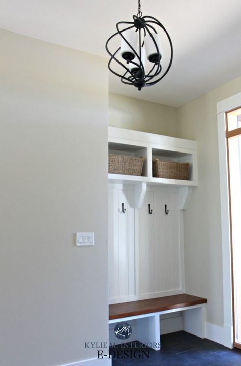 Foyer Divider, Cubby Mudroom, Hallway Partition, Sherwin Williams Wool Skein, Neutral Paint Colors Sherwin Williams, Salon Bathroom, Entryway Designs, Tan Paint Colors, Benjamin Moore Cloud White