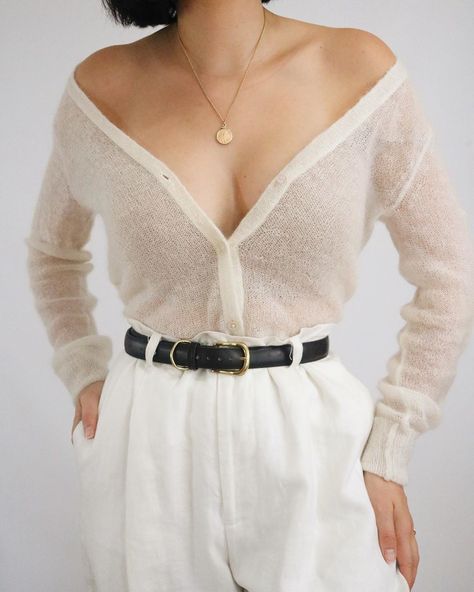 Sheer Cardigan, Lady L, Mohair Cardigan, Vintage Sweater, White Cardigan, High Waisted Trousers, Vintage Silk, Womens Cardigan, Fashion Inspiration