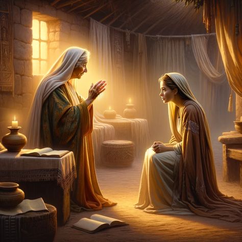 An inspirational scene depicting the biblical moment of Elizabeth's declaration to Mary, as referenced in Luke 1:45. The setting is serene and ancient, with soft, warm lighting enhancing the spiritual ambiance. In the foreground, two women, Elizabeth and Mary, are depicted in a moment of deep connection and faith. Elizabeth, an elderly Middle-Eastern woman, is shown with a gentle, wise... Elizabeth And Mary Bible, Mary And Elizabeth Bible, The Visitation Of Mary To Elizabeth Art, Mary And Elizabeth Visitation, The Visitation Of Mary To Elizabeth, Visitation Of Mary To Elizabeth, Love In Bible, Mary Visits Elizabeth, Mary And Elizabeth