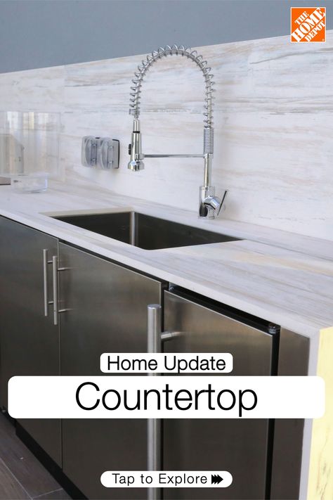 Create the perfect look for your kitchen by upgrading or replacing your countertop. Choose from exclusive colors, materials and edge styles to fit any budget and style preference. Plus, rest easy knowing you have the backing of The Home Depot— with licensed pros and a 100% satisfaction guarantee on products and installation. Tap to explore. Kitchen Sink Lowes, Best Kitchen Sinks Lowe's, Black Quartz Kitchen Countertops The Home Depot, Home Depot Countertops, Stainless Steel Farmhouse Sink Kitchen Lowe's, Stainless Steel Farmhouse Sink Lowe's, Kitchen Budget, Edge Styles, All Black Kitchen