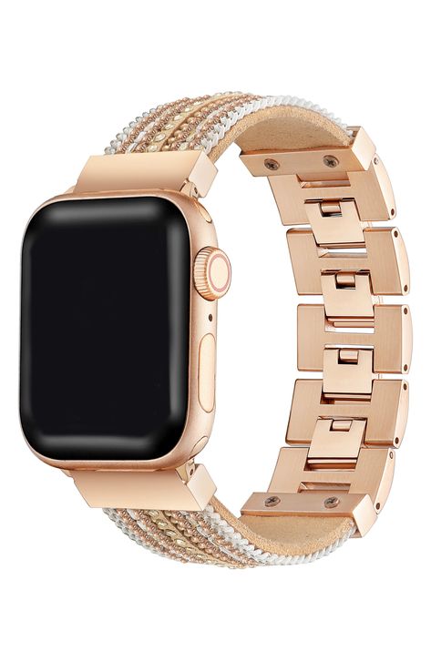 Give your watch a glam update with this bracelet strap featuring beads and studs for a boho look that goes with every wardrobe. Apple Watch not included Compatible with Series 1–7 Apple Watch Fold-over clasp Stainless steel/copper plate/glass/textile Imported Watch Bands Women, Apple Watch Bands Women, Apple Watch Bracelets, Apple Watch Se, Brown Jewelry, Apple Watch 38mm, Bracelet Style, Stone Studs, Wedding Watch