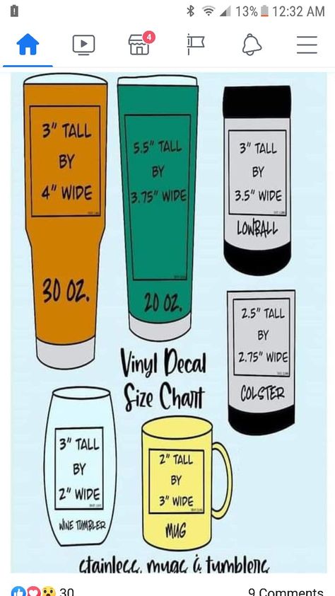 Decal Sizing For Tumblers, Vinyl Decal Size Chart, Decal Size Chart, Sublimacion Ideas, Cricut Supplies, Projets Cricut, Cup Decal, Cricut Projects Beginner, Custom Tumbler Cups