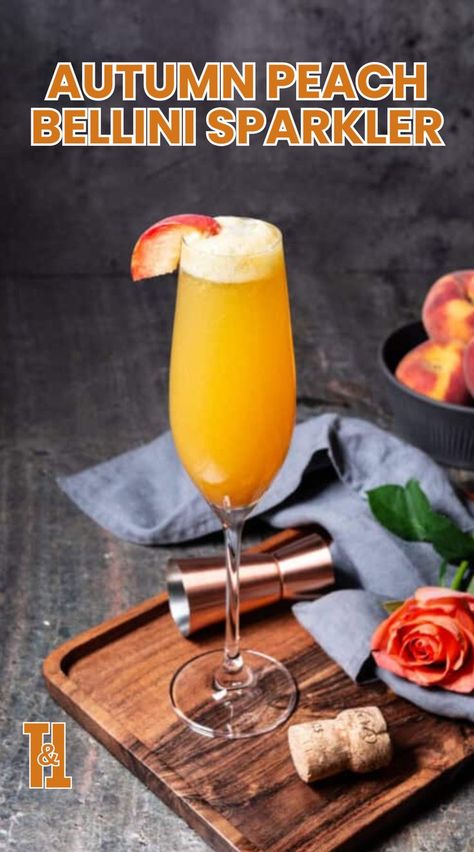 his Autumn Peach Bellini Sparkler is the perfect Thanksgiving drink to brighten up your holiday celebrations. A sparkling Thanksgiving cocktail that tastes as good as it looks. Bellini Cocktail Recipes, Peach Bellini Recipe, Thanksgiving Cocktail, Bellini Cocktail, Bellini Recipe, Thanksgiving Drinks, Thanksgiving Cocktails, Peach Puree, Cozy Drinks