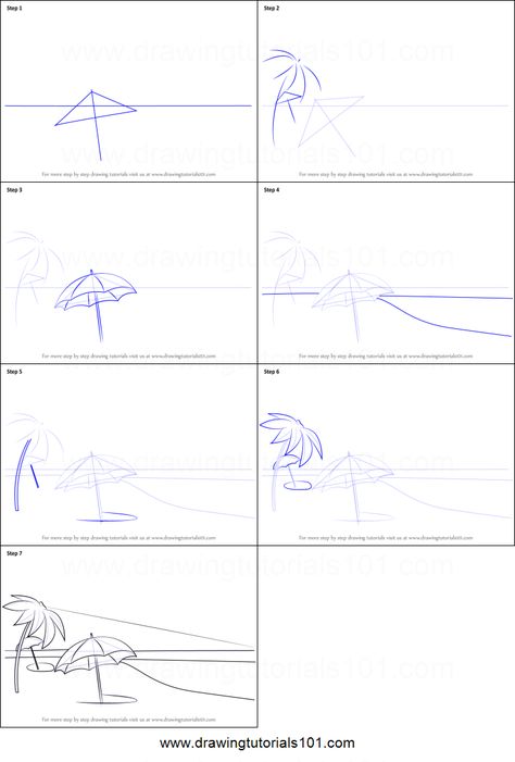 How to Draw Beach Scene printable step by step drawing sheet : DrawingTutorials101.com How To Draw A Beach Scene Step By Step, Draw Beach Scene, Drawing Beach Scenes, Nautical Drawing, Sea Turtle Drawing, A Beach Scene, Beach Scene Painting, Turtle Drawing, Scene Painting