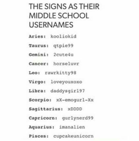 The signs as their middle school usernames Zodiac Squad, Horoscope Memes, Zodiac Things, Zodiac Aquarius, Aquarius Truths, Username Ideas, Libra Capricorn, Zodiac Signs Leo, Signs Funny