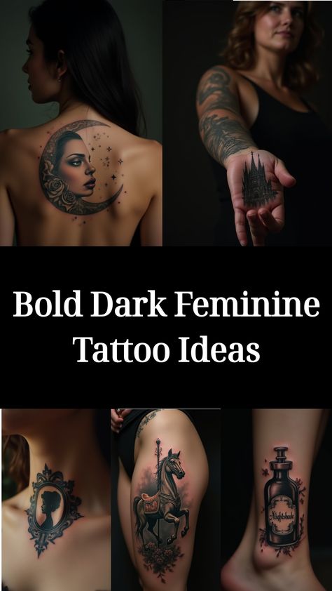 Bold Dark Feminine Tattoo Ideas Back Of Arm Women’s Tattoo, Back Tattoo Women Goth, Small Black Flower Tattoo, Heavy Black Tattoo Cover Up, Scary Tattoos Women, Side Of Face Tattoo Women, Space Tattoo Sleeve For Women, Powerful Women Tattoo, Womens Chestpiece Tattoo