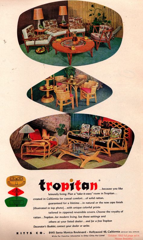 1952 House Beautiful. Scan of a full page ad for faboo bamboo MCM furniture Tiki Culture, Atomic Space Age, Tiki Style, Tiki Bars, Tiki Decor, Tiki Bar Decor, Tiki Lounge, Enchanted Tiki Room, Tiki Art