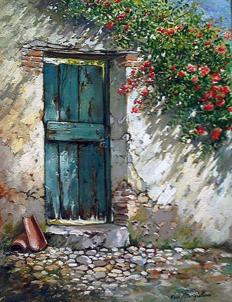 old door, acrylic painting, watercolor painting, pen and wash, stone, brick, idea, shadows, dappled light, blue door, red door, closed door Picture Craft, 수채화 그림, Old Door, Blue Door, Old Doors, Garden Doors, Paint By Numbers, Beautiful Doors, Door Wall