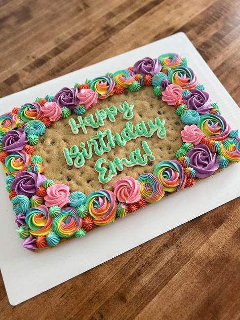 Decorating Cookie Cakes, Cookie Cake Letter, Girly Cookie Cake, Square Cookie Cake Decorating Ideas, Rectangle Cookie Cake, Happy Birthday Cookie Cake Designs, Cookie Cakes Birthday Designs, Decorated Cookie Cake Birthday, Cookie Cake Ideas Decorated