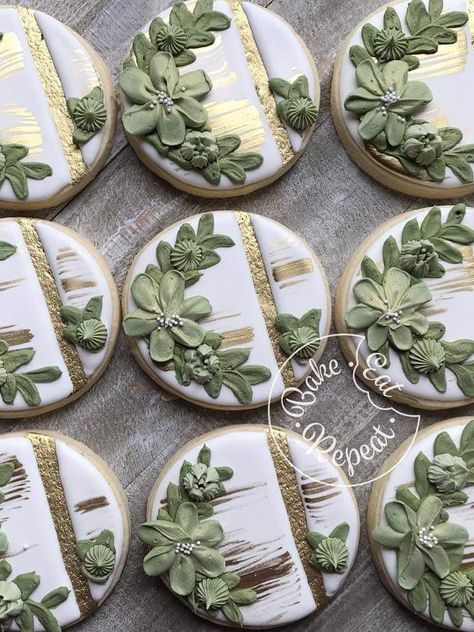 Gold Cookies, Bridal Shower Cookies, Torte Cupcake, Sugar Cookie Designs, Pretty Cookies, Sweet Cream, Fancy Cookies, Creative Cookies, Beautiful Cookies