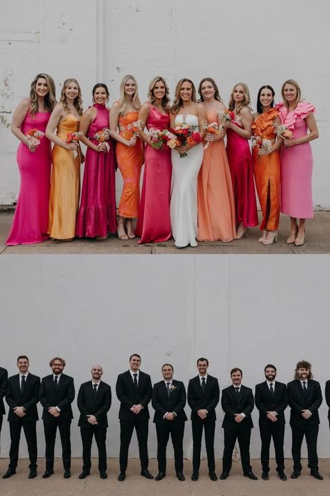 Orange And Pink Themed Dallas Wedding | Modern Wedding Photography | Earth To Madison Photography | This amazing Dallas couple had a orange themed wedding at the Hickory Street Annex. Get inspired by orange theme wedding decoration, orange theme wedding dress, and orange theme wedding ideas. Are you looking for a Dallas wedding photographer who loves colors? Book Madison now at earthtomadisonphotography.com Wedding Party Sunset Colors, Pink And Orange Wedding Aesthetic, Wedding Colors Hot Pink, Neon Wedding Color Palette, Black Pink And Orange Wedding, Orange Pink And Red Wedding, Pink And Orange Bridal Party, Sunset Themed Wedding Invitation, Fuschia Orange Wedding