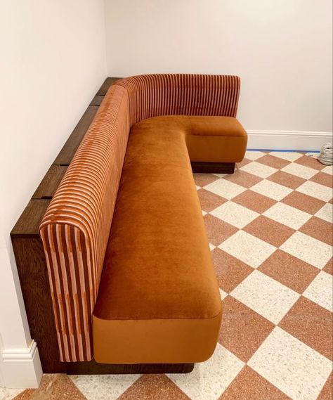 Terracotta Banquette Seating, Curved Upholstered Bench Seating, Mid Century Banquette, Indoor Bench Seating, Curved Banquette, Banquette Ideas, Built In Bench Seating, Banquette Cushions, Upholstered Bench Seat