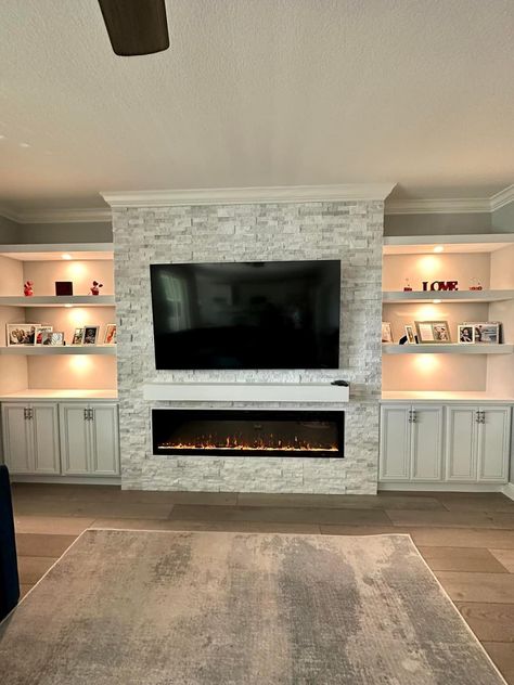 Custom Fireplace Built Ins, Built In Entertainment Center Fireplace, Fireplace Wall Ideas With Tv, Living Room Built In Units, Outdoor Entertainment Center, Basement Wall Ideas, Modern Fireplace Ideas Living Rooms, Vaulted Ceiling Living Room, Built In Entertainment Center