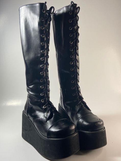 Big Goth Boots, Goth Boots Aesthetic, Black Demonia Boots, Platform Boots Aesthetic, 70s Platform Boots, Alt Boots, 90’s Punk, Platform Boots Goth, Goth Platform Shoes